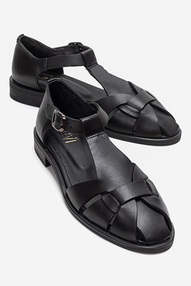 Dexara Black Skin Genuine Leather Women's Sandals