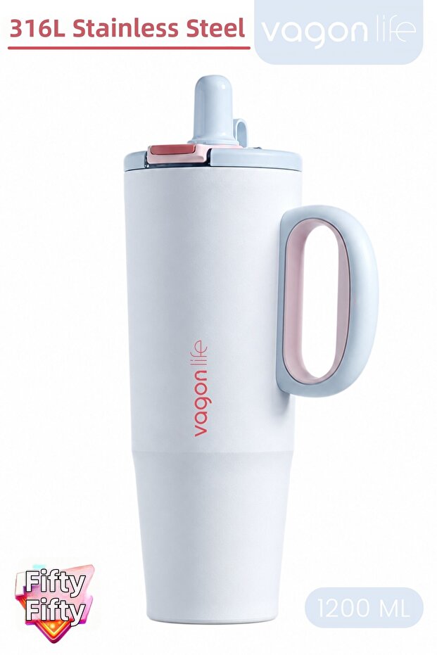 Tumbler 1200 ml Single Lid Dual Use with Straw Comfortable Drinking Handle Stainless Steel Thermosffvgn1114-12
