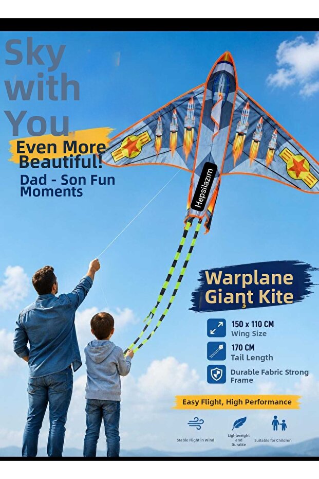 Airplane Patterned Giant Kite Jet Fighter Large Rocket Toy Kite 150X110 cm Easy to Fly