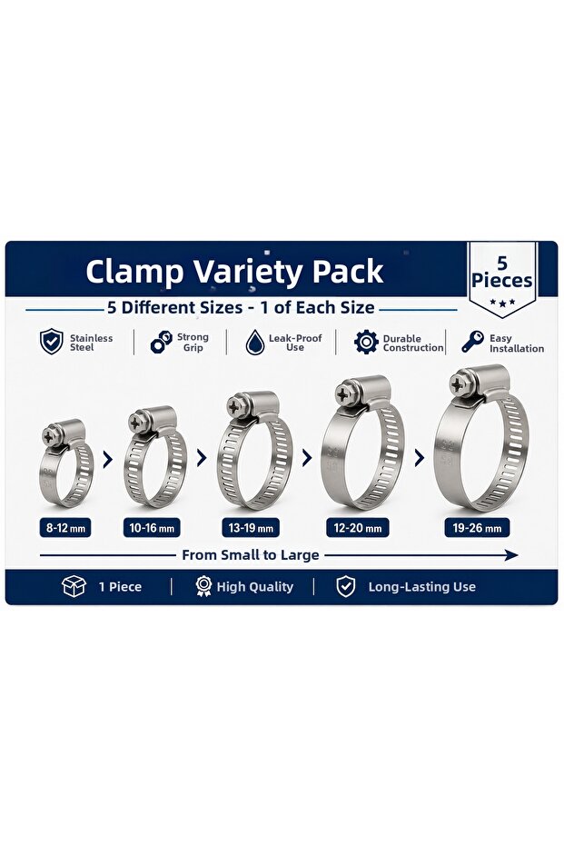 Hose Clamp Set – Assorted Pack of 5 (8-12 / 10-16 / 13-19 / 12-20 / 19-26 mm)