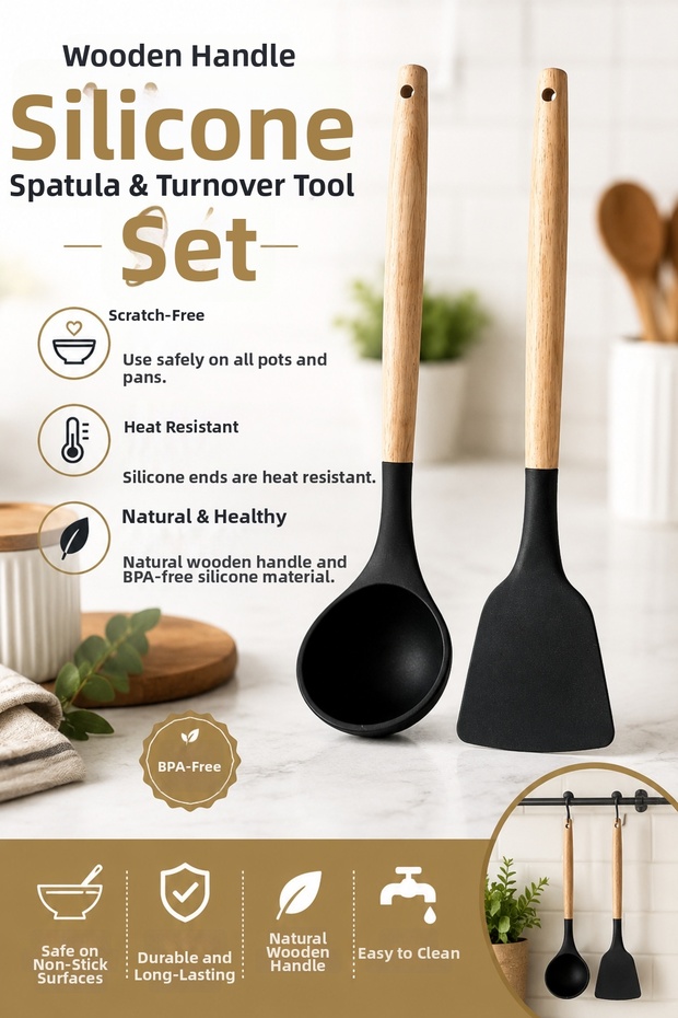 Heat Resistant, Fireproof, Non-Stick Wooden Handle Silicone Ladle and Spatula Set with Sert Tips