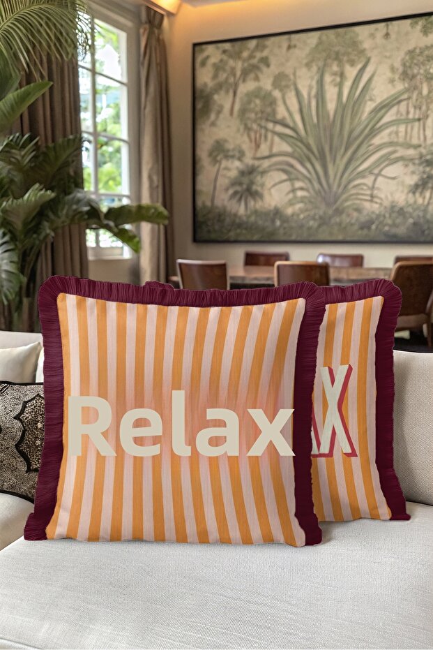 Relax Striped Retro Fringed Pillowcase - Typographic Pop Art Orange Pink Tassel Throw Pillow Cover