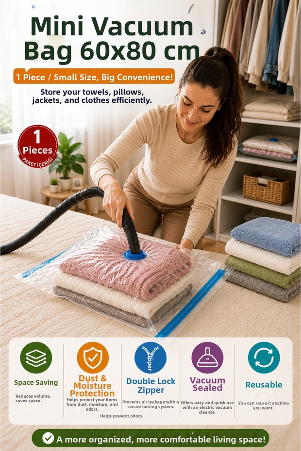 Mini Size Vacuum Storage Bag 60X80 cm 1 Piece Vacuum Bag Double Lock Storage Bag Transparent Organizer