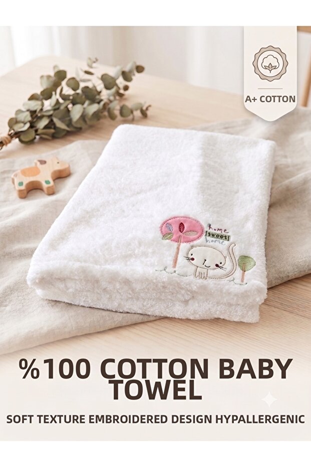 100% Cotton, Embroidered, Hypoallergenic Baby Blanket - Soft Texture, Children's Bath Towel White, 85X115Cm
