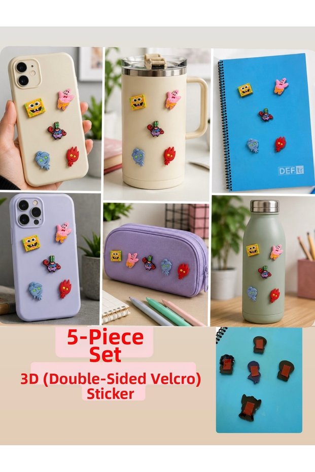 5-Piece 3D Silicone Sticker Set – Decorative Figured Stickers with Double-Sided Tape – Notebook, Pen Holder, Phone, Etc. Spongebob Patrick
