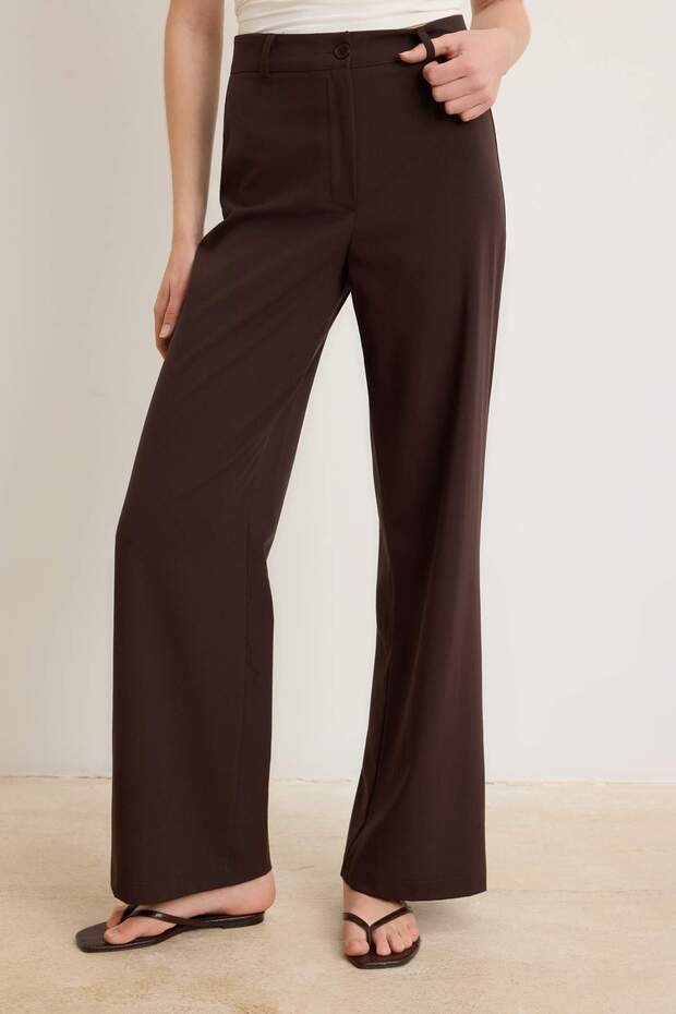 Koyu Kahverengi Wide Leg/Geniş Paça Yüksek Bel Dokuma Kumaş Pantolon TWOSS23PL00314 - 3