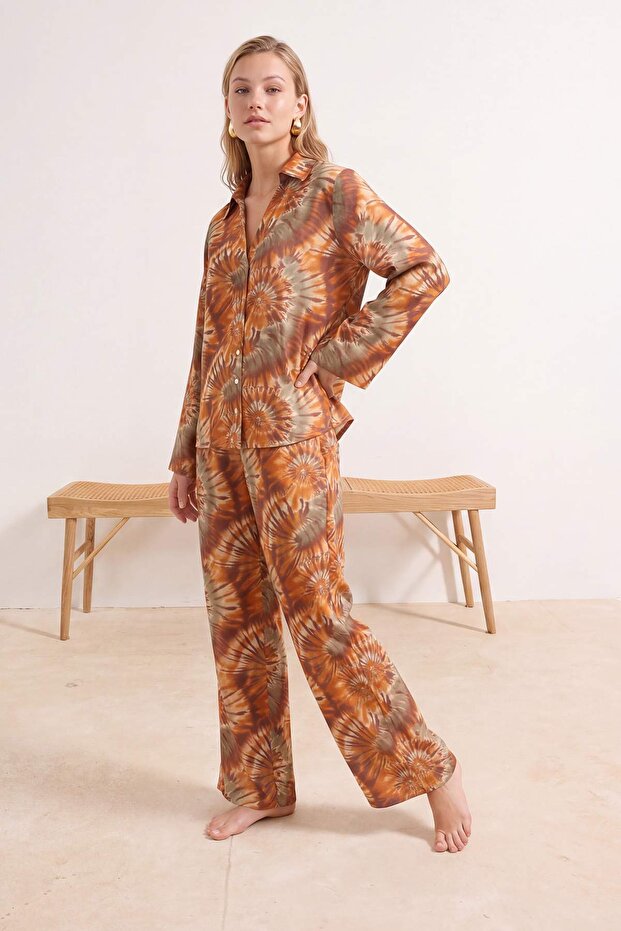 Batik Desenli Dokuma Oversize 100% Pamuk Plaj Gömlek Pantolon Takım TBESS26AU00050 - 7