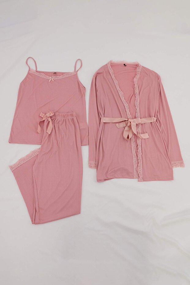 Pudra 3'lü Paket Bağlama ve Dantel Detaylı Örme Pijama Takımı TBBAW26AI00040 - 4