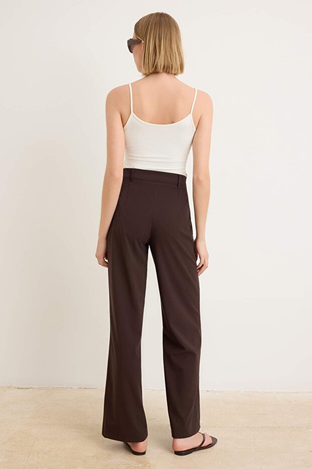Koyu Kahverengi Wide Leg/Geniş Paça Yüksek Bel Dokuma Kumaş Pantolon TWOSS23PL00314 - 4