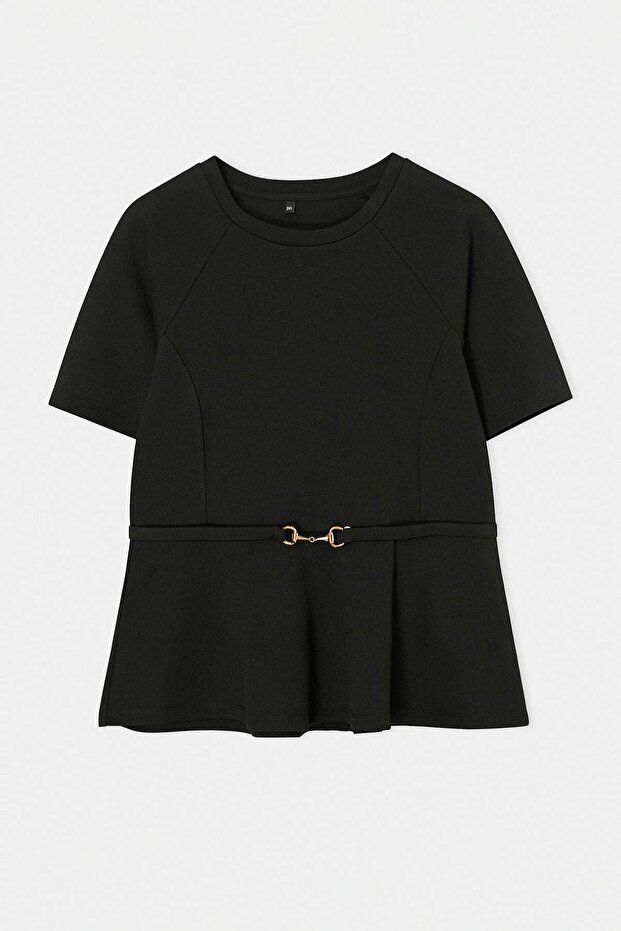 Siyah Peplum Reglan Kol Kısa Kollu Aksesuar Detaylı İnterlok Örme Bluz TBBSS26AF00179 - 5