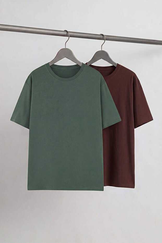 Kahverengi-Yeşil Büyük Beden 2'li Paket Regular/Normal Kesim T-Shirt TMNSS24BF00002 - 6