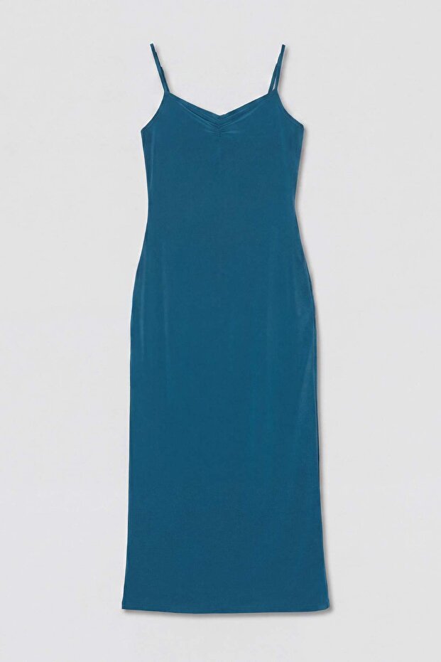 Petrol Düz Bodycon/Vücuda Oturan İnce Askılı Maxi Örme Elbise TWOSS26EL00732 - 5