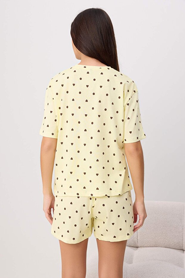 Sarı %100 Pamuklu Puantiyeli ve Kalpli Şortlu Örme Pijama Takımı THMSS21PT1485 - 4
