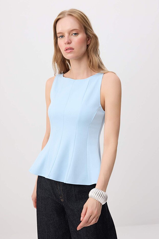Mavi Peplum/Belden Oturmalı Kayık Yaka Esnek Örme Bluz TWOAW26BZ00229