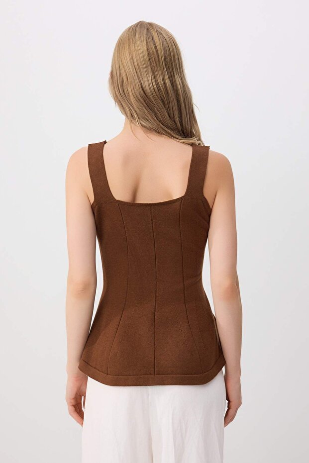 Kahverengi Kare Yaka Taşlı Peplum Triko İnce Bluz TWOSS26BZ00295 - 4