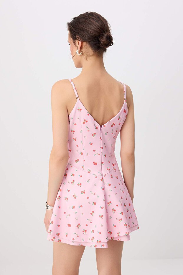 Pembe-Çok Renkli Çiçek Desenli Kısa / Mini Dokuma Şort Etek Elbise TWOSS26EL01039 - 4