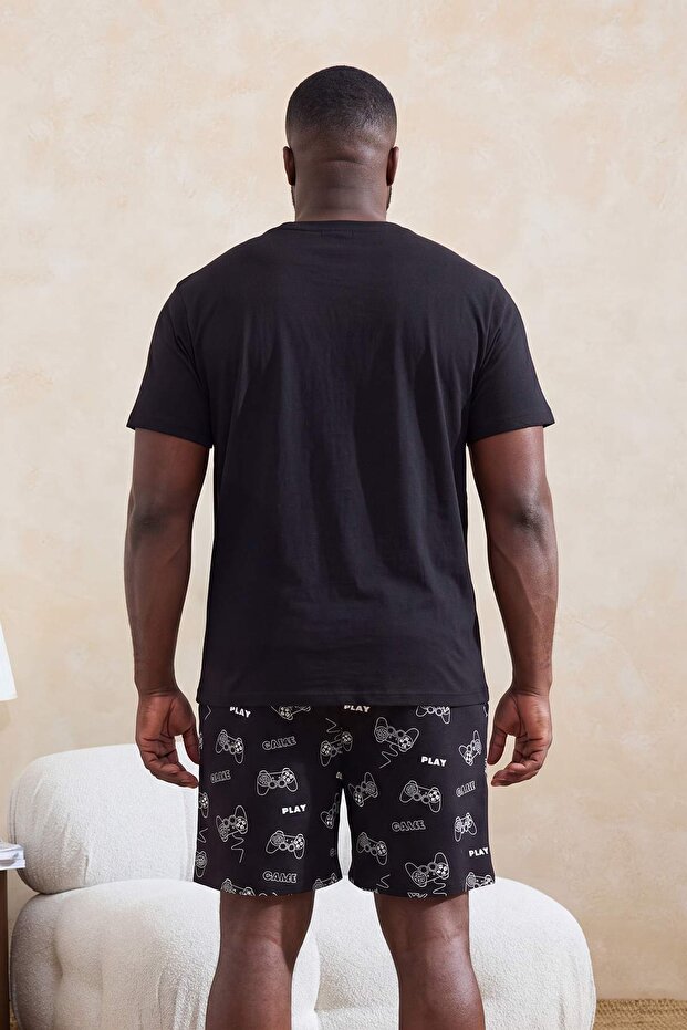 Siyah Regular Kesim Game Baskılı %100 Pamuk Büyük Beden Pijama Takımı TMNSS26AI00001 - 4