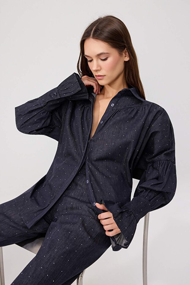 Koyu Mavi Taşlı Gömlek Pantolon Denim Alt - Üst Takım TWOSS26AU00270 - 2