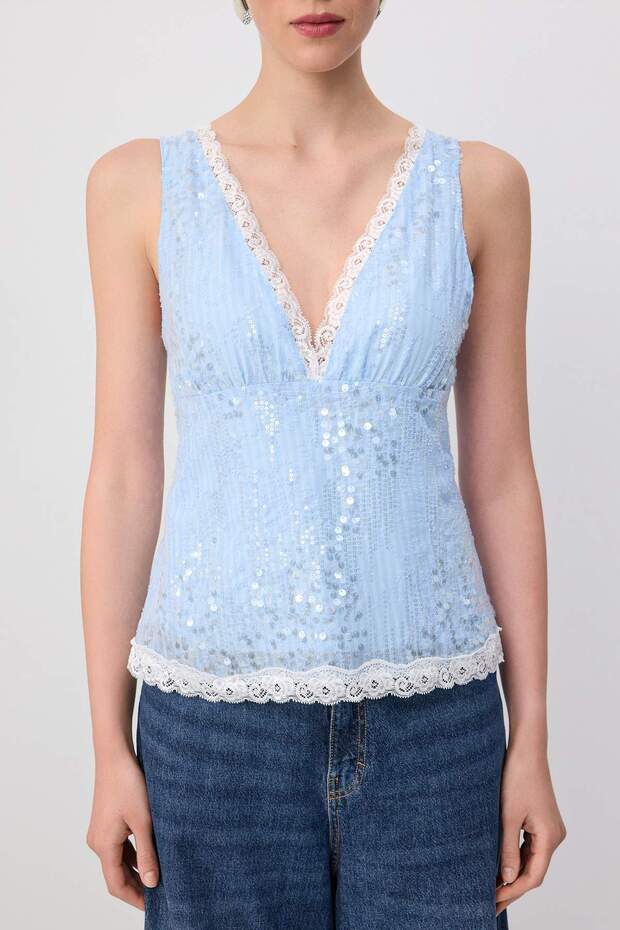 Açık Mavi Payet Dantel Detaylı Party Bluz TPRSS26BZ00099 - 3