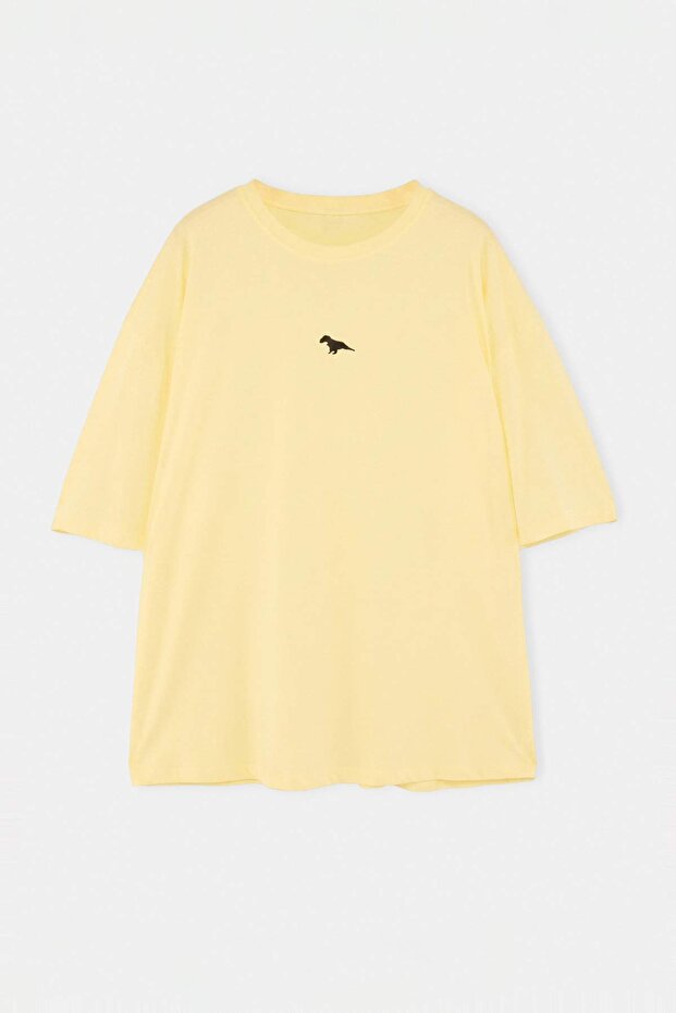 Sarı Oversize Dinazor Nakışlı %100 Pamuk Büyük Beden T-Shirt TMNSS24BF00013 - 5