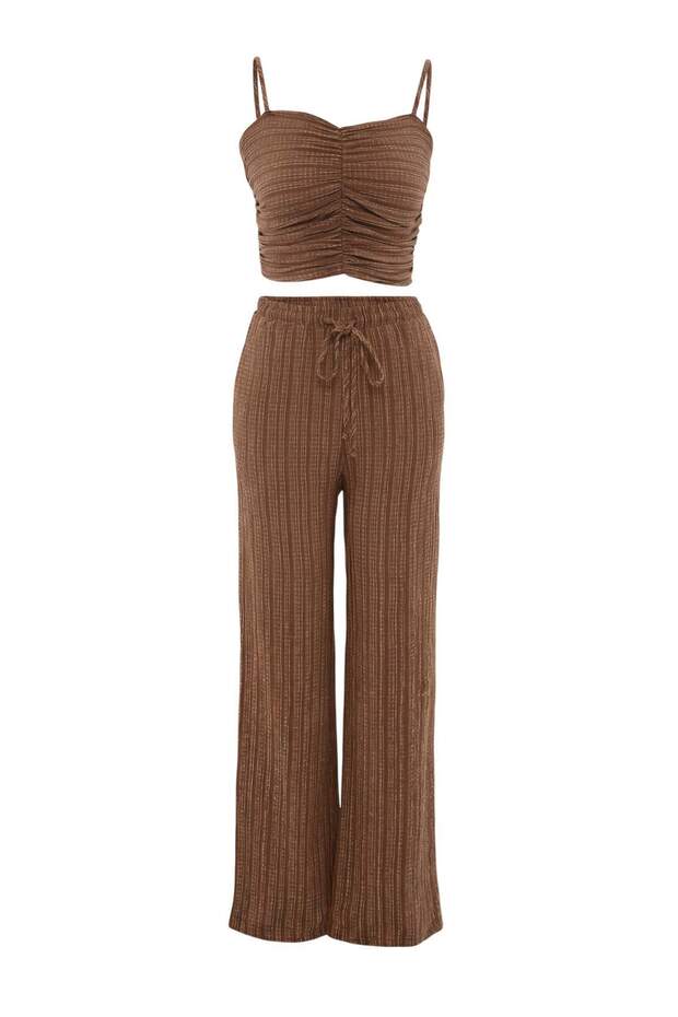 Kahverengi Dokulu Bluz Pantolon Plaj Takım TBESS24AU00076 - 1