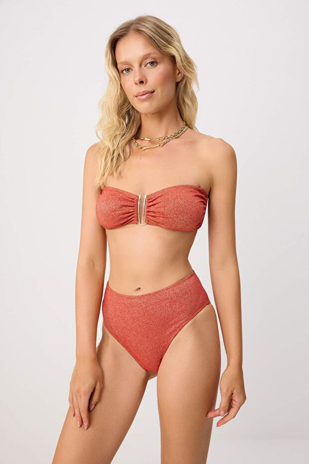 Kiremit Simli Aksesuarlı Straplez Kaplı Regular Yüksek Bel Bikini Takımı TBESS24BT00054 - 3