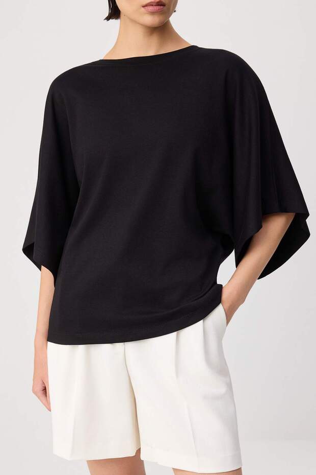 Siyah Oversize/Geniş Kalıp Düşük Kol Kısa Kollu Soft Touch Örme T-shirt TWOSS26TS00221 - 3