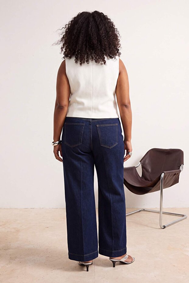 Özel Koleksiyon Koyu Mavi Cep Detaylı Straight Fit İnce %100 Pamuk Non-Stretch Jeans TBBAW26CJ00021 - 3