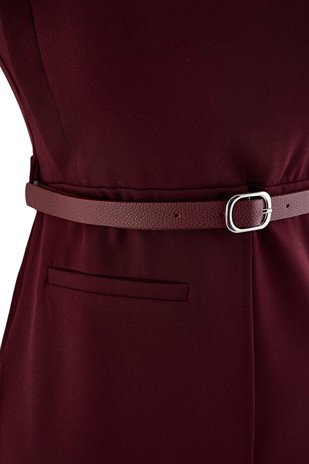 Bordo Kemer Detaylı Dokuma Midi Elbise TWOAW26EL00078 - 10