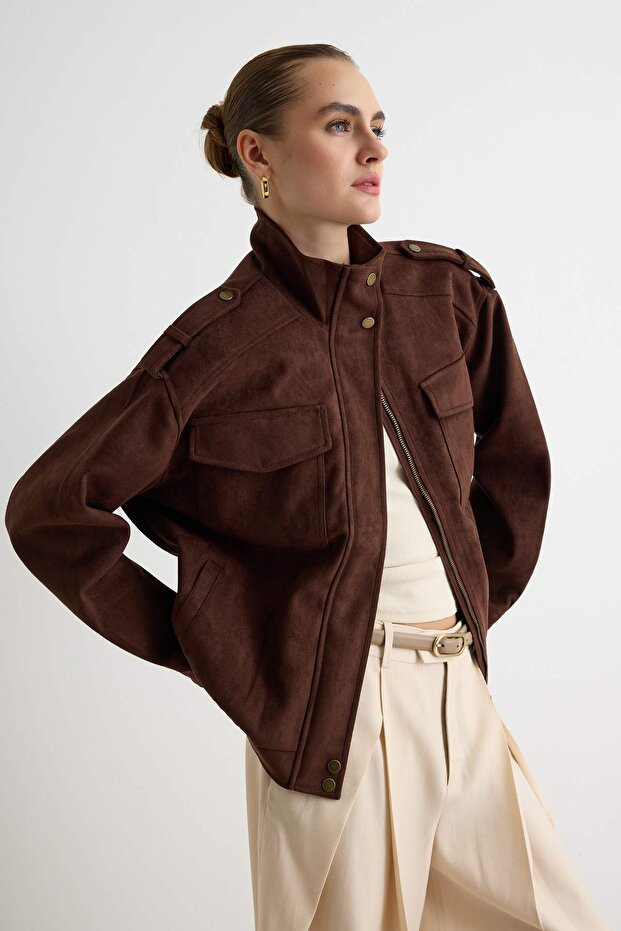 Brown Oversize Fit Stand Collar Suede Bomber Coat Twoaw27Mo00015
