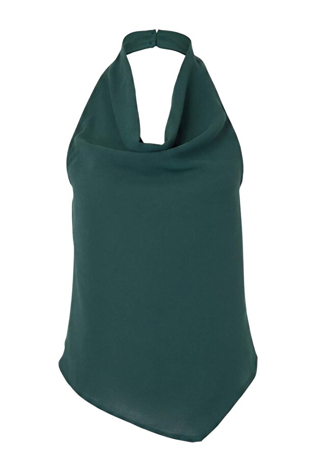 Khaki Degaje Collar Backless Woven Crepe Blouse Twoss26Bz00408