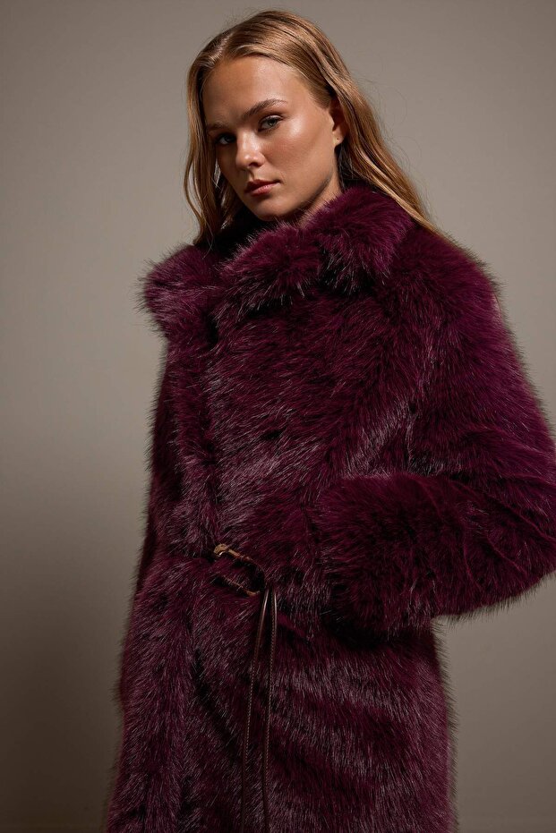 Bordo Kemerli Suni Kürk Oversize Midi Kaban TWOAW27KB00012