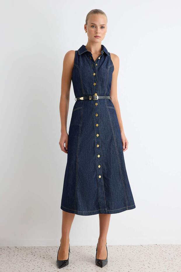 Koyu Mavi Halter Yaka Kolsuz Midi Denim Elbise TWOAW27EL00032
