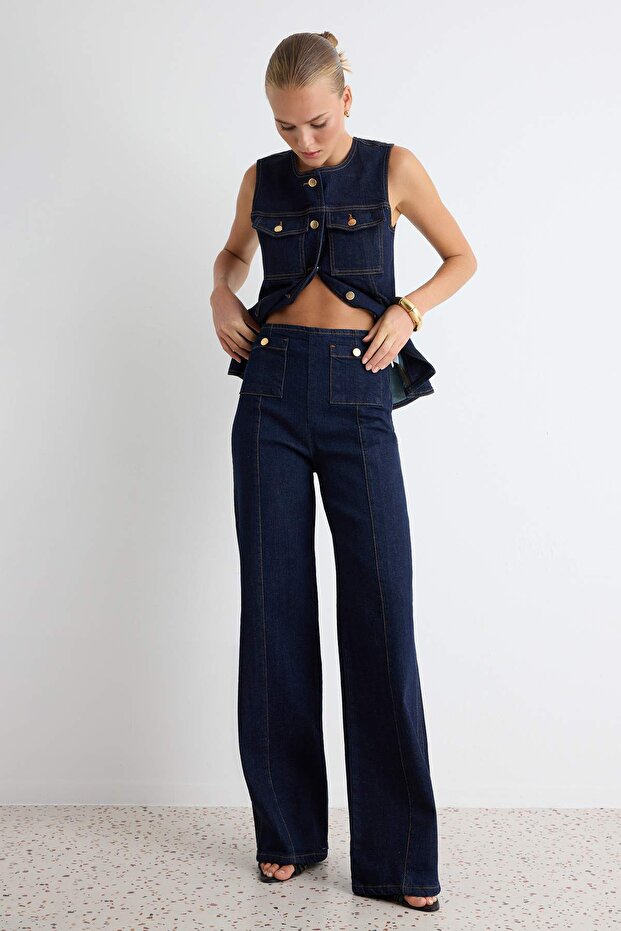 Mavi Düğme Detaylı Orta Esnek Yüksek Bel Wide Leg Jeans TWOSS26JE00166