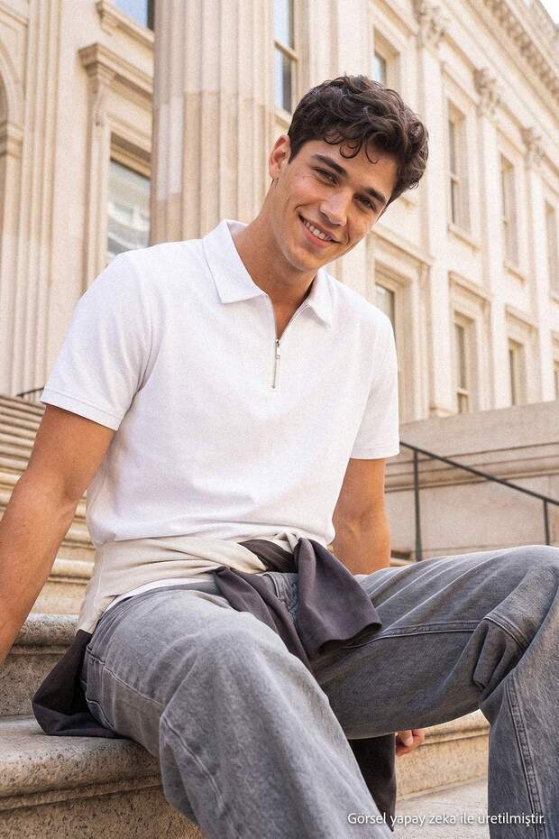 White Regular Zippered Interlock/Soft Touch Polo Collar T-Shirt Tmnaw27Po00006
