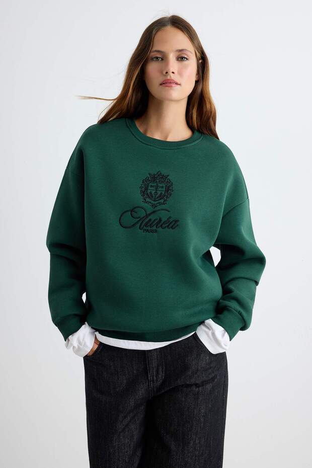 Zümrüt Yeşili Nakışlı / İşlemeli ŞEHIR Kalın Oversize/Geniş Kesim Örme Sweatshirt TWOAW27SW00157