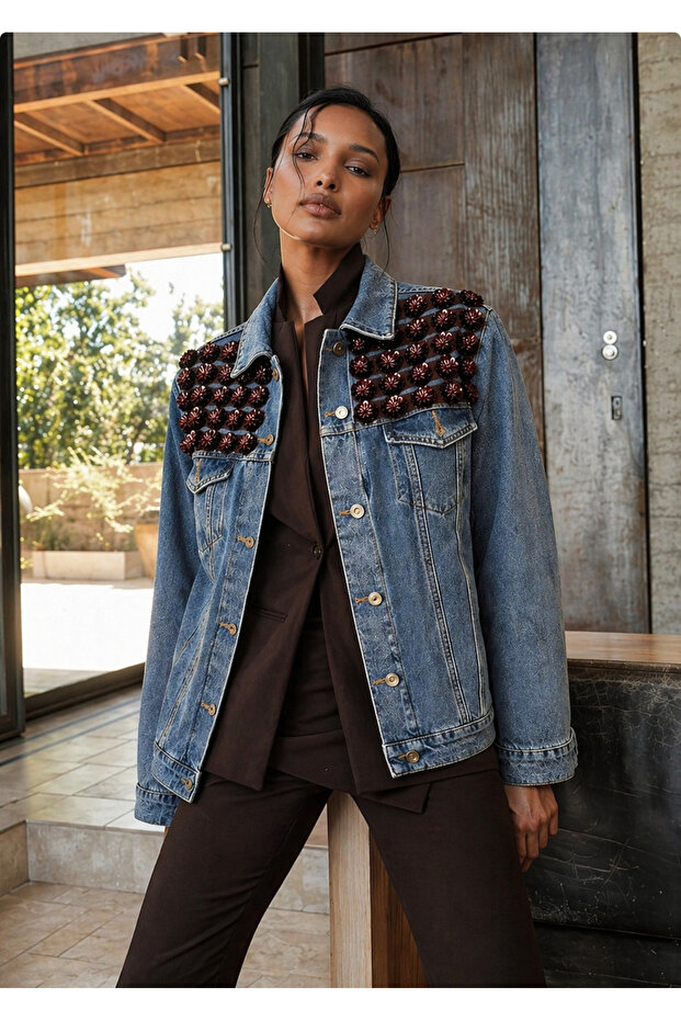 Copper Flower Embroidered Light Color Jean Jacket