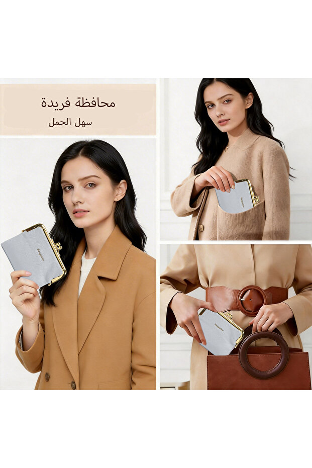 محفظة نسائية صغيرة بمشبك معدني، حافظة بطاقات RFID مضادة للسرقة، محفظة صغيرة بنقشة جلد الليتشي، مشبك معدني ذهبي، حقيبة محمولة لتخزين العملات المعدنية، حقيبة يد أنيقة، تصميم مضاد لسرقة البيانات الكهرومغناطيسية. - 5