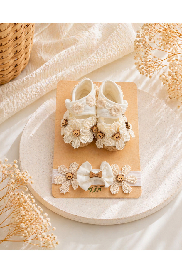 Baby Girl Flower Detail Booties and Bow Headband Set
