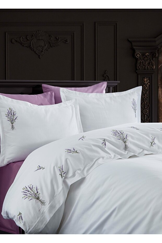 Lavender Embroidered Cotton Satin Duvet Cover Set - White