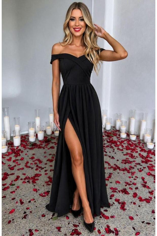 Boat Neck Slit Long Evening Dress 58819 Black