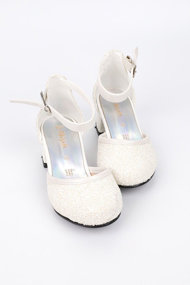 White Glitter Heeled Girl's Shoes