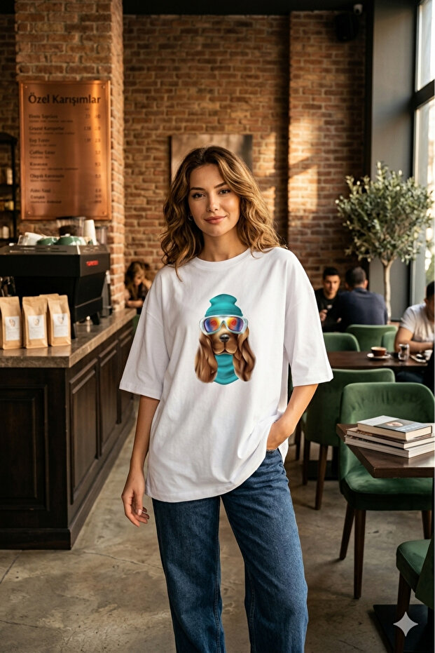 Dog Front Print Oversize Cotton Crew Neck Unisex T-Shirt with Design Glasses