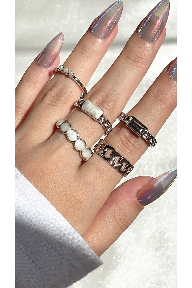 Women's Silver Color 5-Piece Design Ring Set