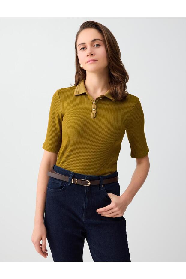 Oil Green Polo Collar Short Sleeve Knitted Blouse