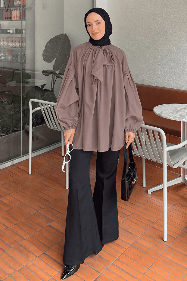 Collar Scarf Detailed Shirt Soft Brown