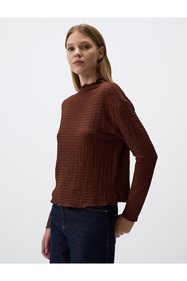 Brown Half Turtleneck Relaxed Fit Patterned Blouse