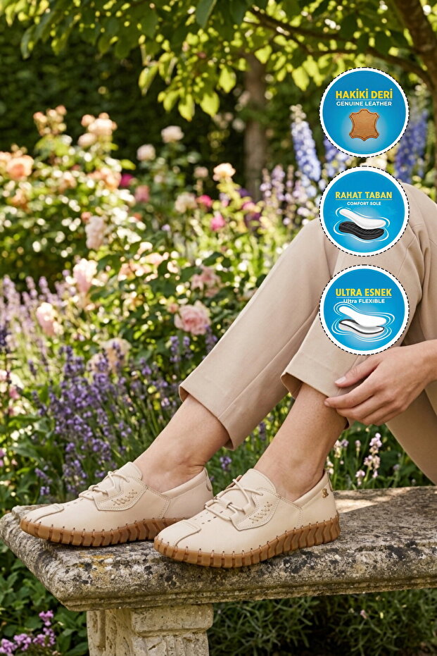 Beige Genuine Leather Flexible Comfortable Sole Women's Casual Shoes 2010731Y Z
