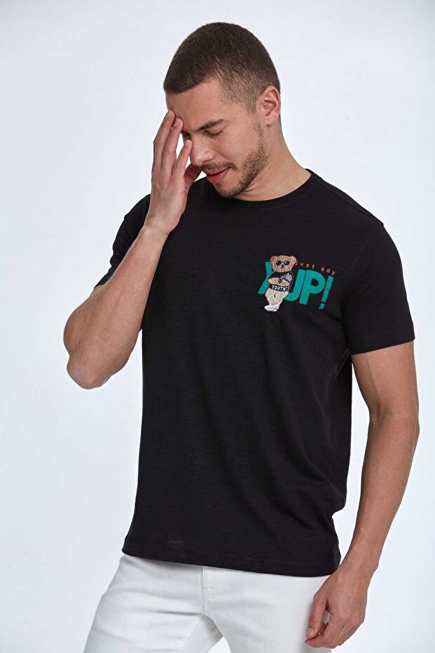 Bear Embroidered Crew Neck Men's T-Shirt Black