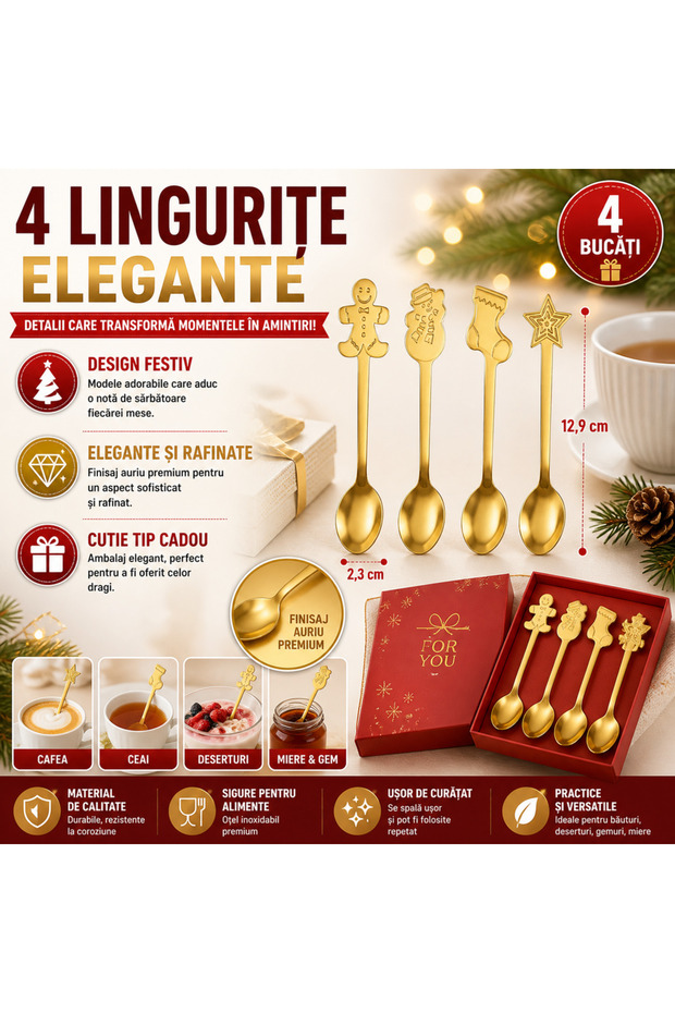 Set 4 lingurițe cu tematică de Crăciun, aurii